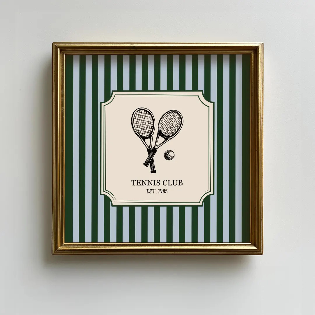 Vintage Tennis Rackets Square Print, Blue Green Striped Wall Art, Old Money, Game Room, Playroom,... | Etsy (US)