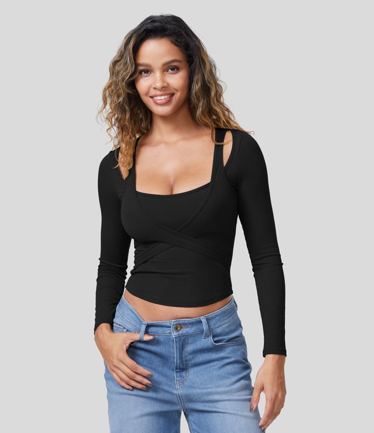 Ribbed Knit Square Neck Cut Out Long Sleeve Curved Hem Cropped Casual Sports Top | HALARA