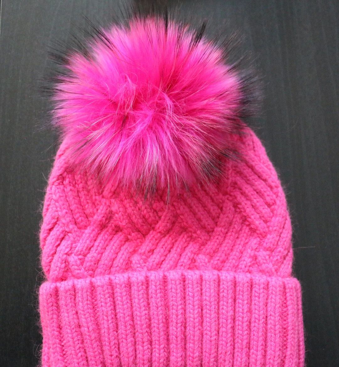 Cable Knit Beanie, Cashmere Wool Knit Blend Hat, Detachable Genuine Raccoon Fur Pom Pom Fuchsia B... | Etsy (US)