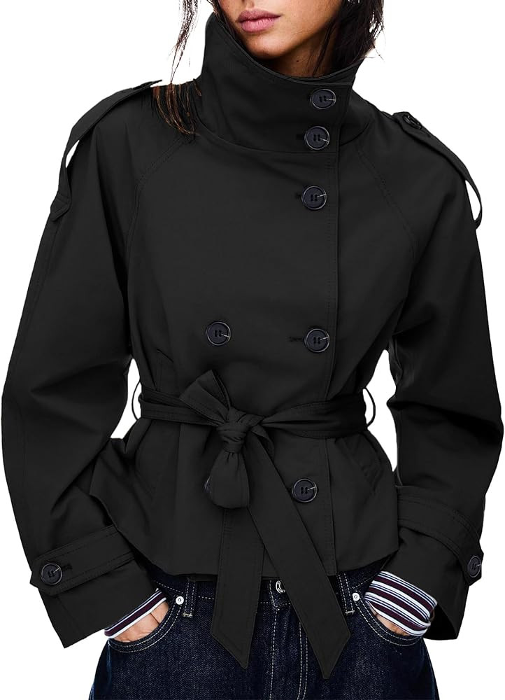 Women's Cropped Trench Coat Double Breasted Short Jacket High Collar Fall Winter Coats Trendy Out... | Amazon (US)