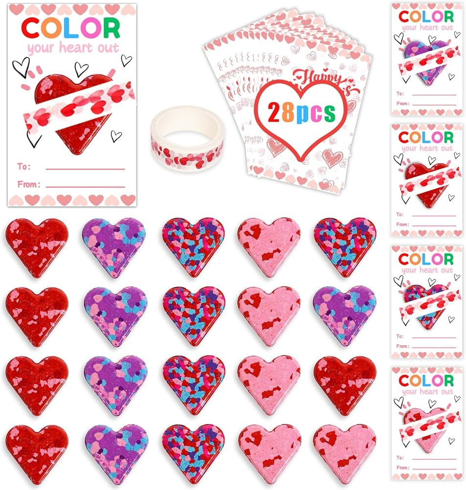 Valentines Day Cards for Kids - 28Pcs Kids Valentines Cards With Cute Crayon for School Class Gif... | Amazon (US)