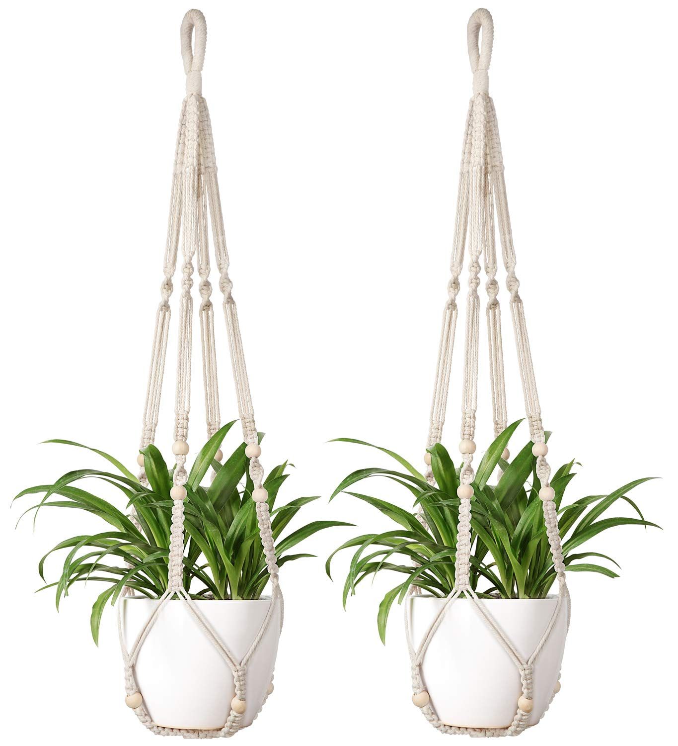 Mkono Macrame Plant Hanger Indoor Hanging Planter Basket with Wood Beads Decorative Flower Pot Holder No Tassels for Indoor Outdoor Boho Home Decor 35 Inch, Ivory, Set of 2 (POTS NOT Included) | Amazon (US)