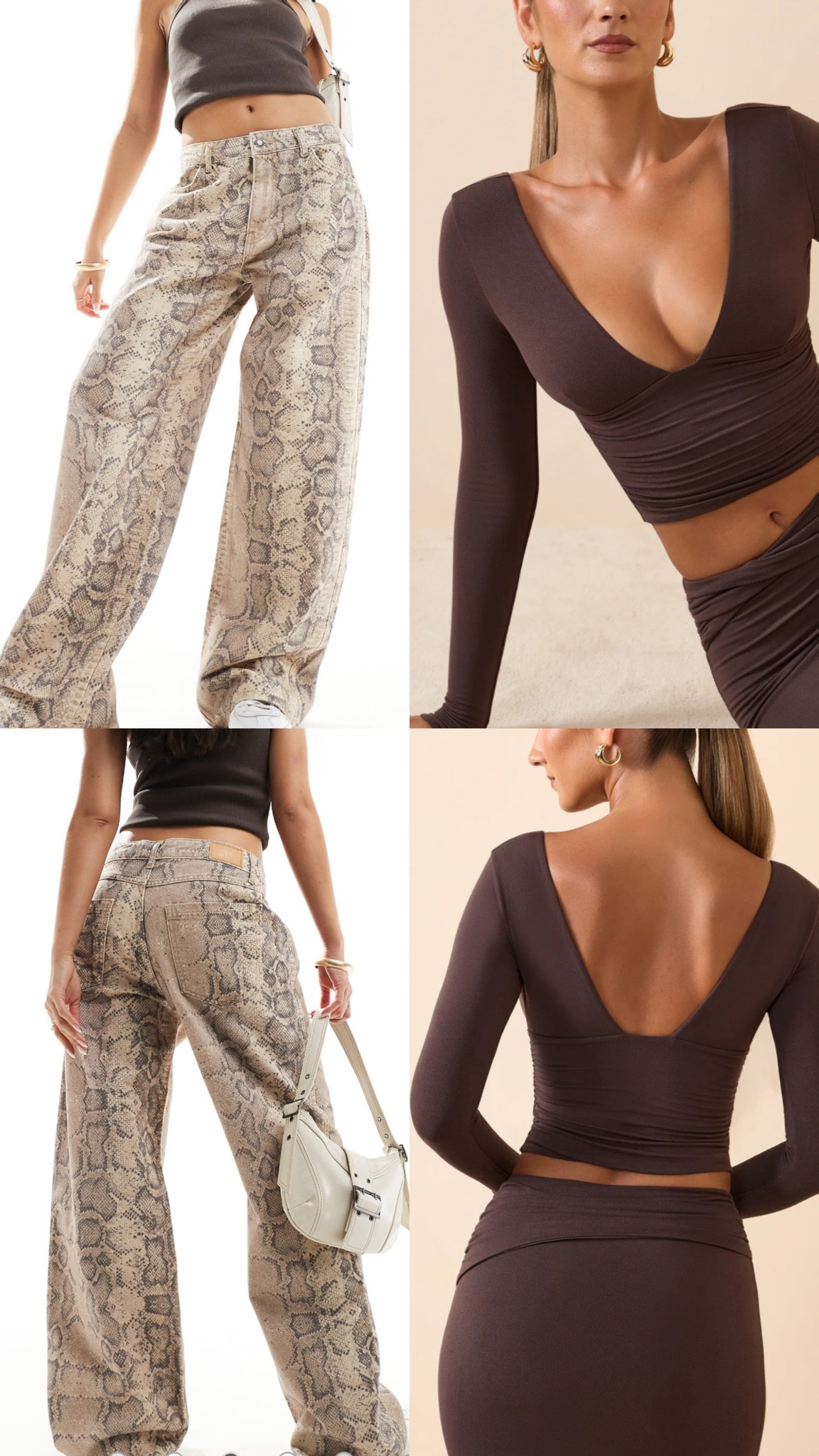 Snake print baggy jeans. Under £30. Plunge Long-Sleeve Top in Chocolate Brown. Oh Polly under £35.

AW fashion, fall, cozy, earth tones.

Affordable fashion.  Wardrobe staple. Timeless. Gift guide idea for her. Elegant, clean aesthetic, chic look, feminine fashion, trendy look, party, brunch.

#LTKuk #LTKautumn #LTKeurope
