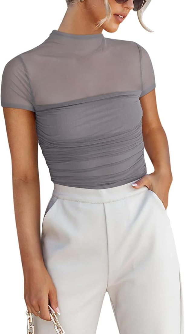 REORIA Women's Sexy Mock Turtle Neck Short Sleeve Shirts Sheer Mesh Ruched Trendy Going Out Bodys... | Amazon (US)