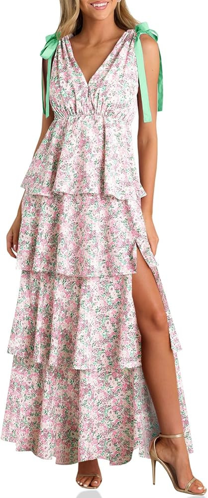 Wenrine Womens Summer Floral Maxi Dress Tie Strap Sleeveless V Neck High Slit Boho Ruffle Tiered ... | Amazon (US)