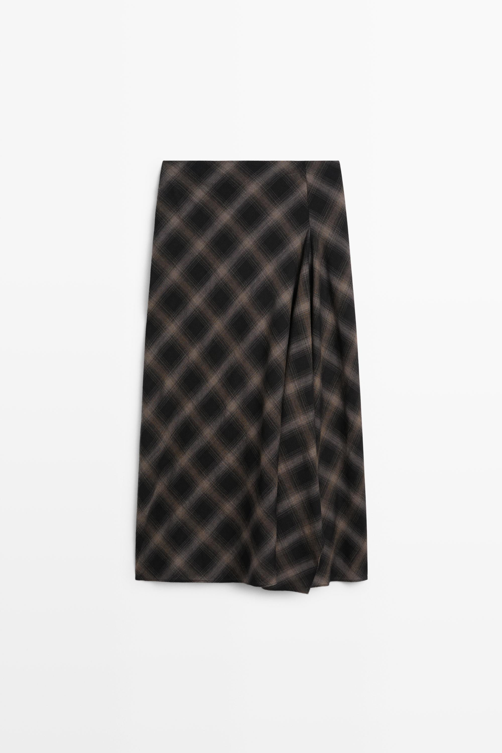 Wool-cotton blend check midi skirt with split | Massimo Dutti US