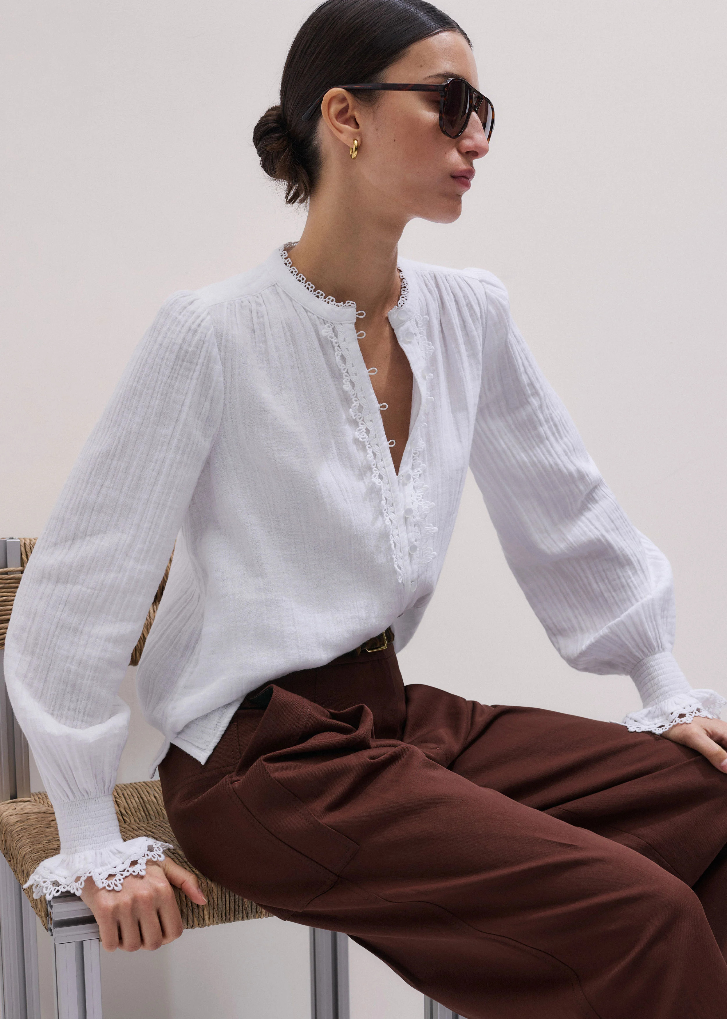 Women's White Cheesecloth Intricate Detail Blouse | ME+EM | ME+EM US