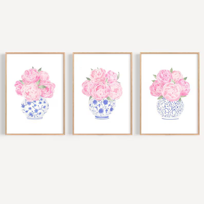 Blue Chinoiserie Print Set 3 Pink Peonies Print Ginger Jar Print Peony Painting Chinoiserie Wall ... | Etsy (US)