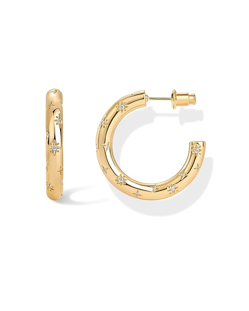 PAVOI 14K Gold Plated Star Shine Hoop Earrings for Women | Cubic Zirconia Celestial Chunky Hoops ... | Amazon (US)