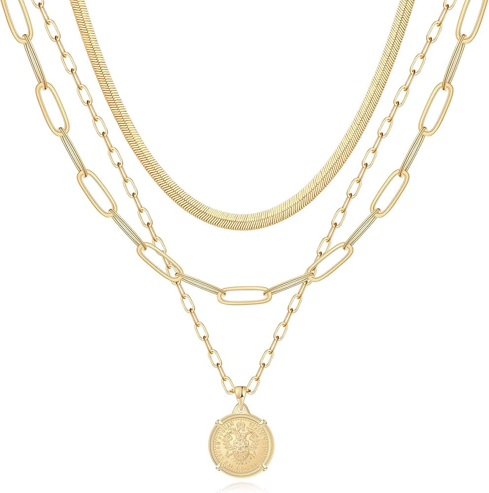 Hidepoo Gold Layered Necklaces for Women, 14K Gold Plated Dainty Coin Pendant Choker Necklace Her... | Amazon (US)