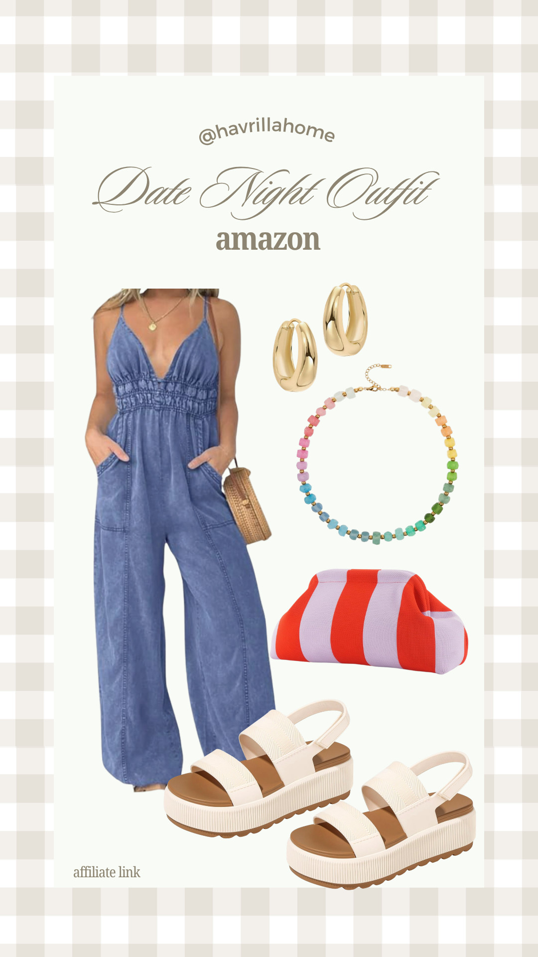 Date night outfit amazon, denim jumpsuit outfit, casual chic date night, platform sandals outfit, summer date night look, statement clutch outfit, gold hoop earrings outfit, colorful jewelry outfit, amazon date night outfit

#LTKSeasonal #LTKSaleAlert #LTKBeauty