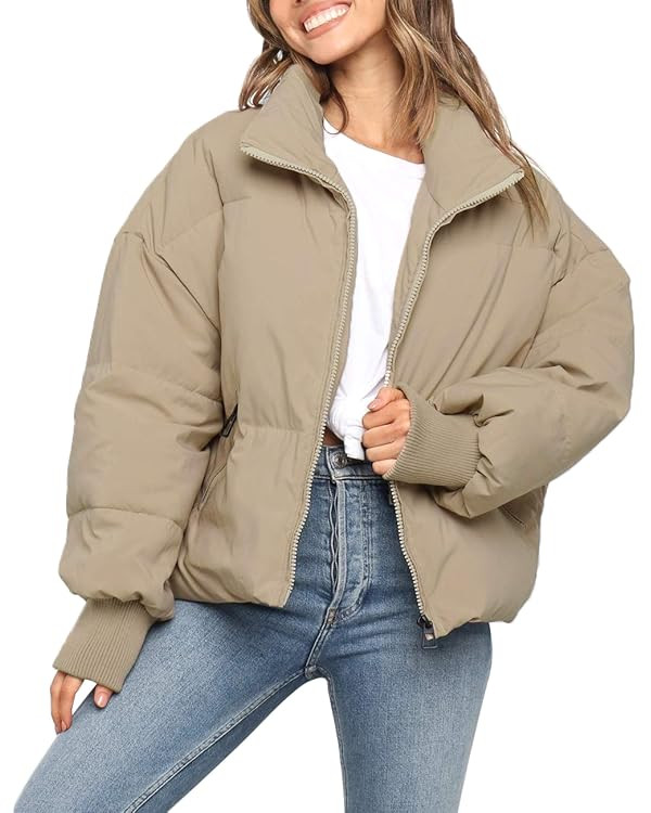 MEROKEETY Women's Winter Long Sleeve Zip Puffer Jacket Pockets Baggy Short Down Coats | Amazon (US)