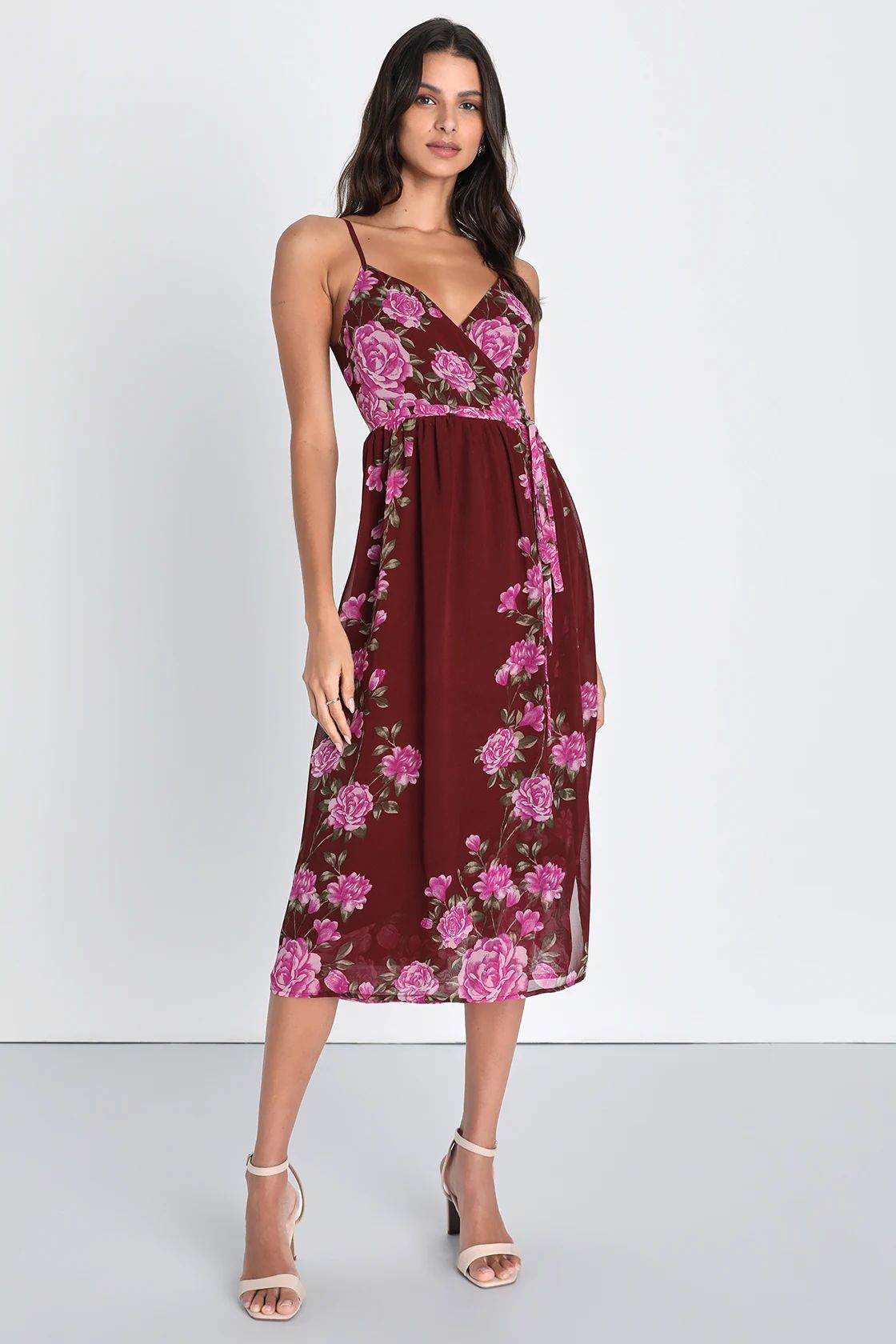Remarkably Sweet Burgundy Floral Print Midi Wrap Dress | Lulus (US)