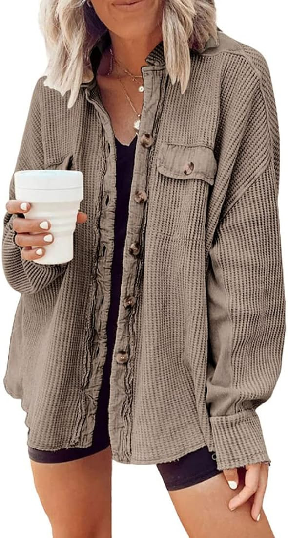 utcoco Women's Casual Waffle Knit Shacket Jacket Loose Fit Long Sleeve Button Down Shirt Shacket Top | Amazon (US)