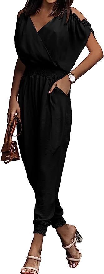 PRETTYGARDEN Jumpsuit for Women Casual Summer Wrap V Neck Cold Shoulder One Piece Outfits Pants R... | Amazon (US)