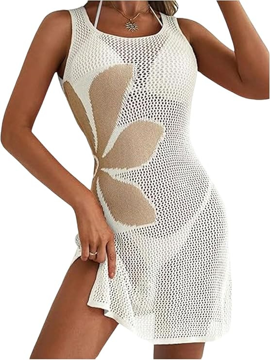 GORGLITTER Women's Crochet Cover Up Floral Split Hollow Out Sleeveless Summer Swimsuit Coverup Dr... | Amazon (US)