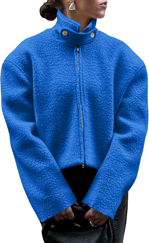 Tankaneo Womens Oversized Cropped Sherpa Jacket Zip Up Teddy Coat Stand Collar Fuzzy Fleece Outer... | Amazon (US)