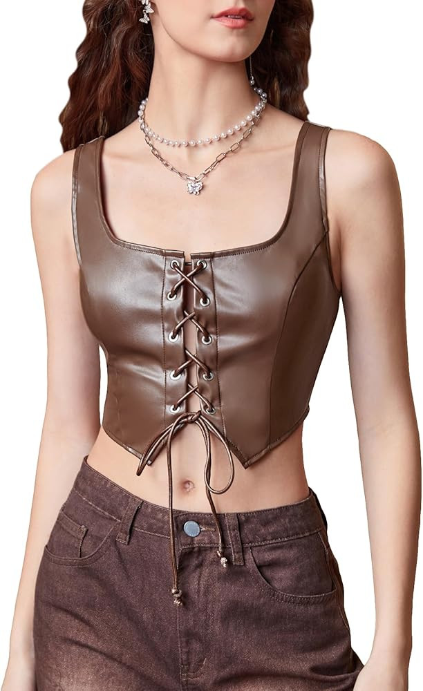 MakeMeChic Women's Faux Leather Top Sleeveless Lace Up PU Leather Crop Tank Top Vest | Amazon (US)