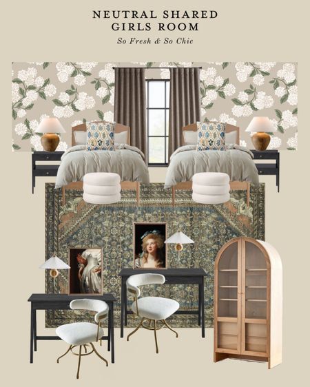 Neutral shared girls room mood board!
-
Neutral bedroom decor - kids room decor - arches cabinet - white upholstered desk chairs - vintage altered portrait art - digital printable affordable art- hydrangea wallpaper - charcoal nightstands - charcoal desk - wall sconce with white pleated shades - ceramic table lamp - Dutch cocoa velvet curtains - traditional blue rug - bedroom rug - Magnolia Home rug - white shearling ottoman pouf - affordable bedroom furniture - wood twin beds - Crate and Barrel - Crate and Kids - Target Project 62 - Lulu and Georgia sale - etsy - rifle paper co wallpaper sale - urban outfitters arched cabinet - transitional decor - kids room design 

#LTKhome #LTKkids #LTKsalealert