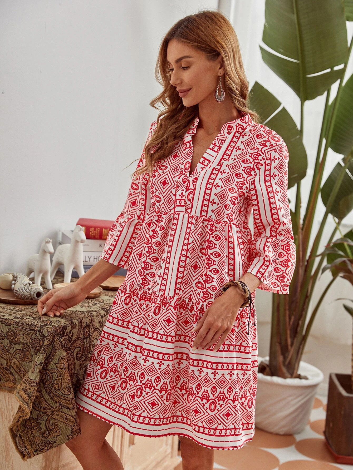 EMERY ROSE Geo Print Notch Neck Smock Dress | SHEIN