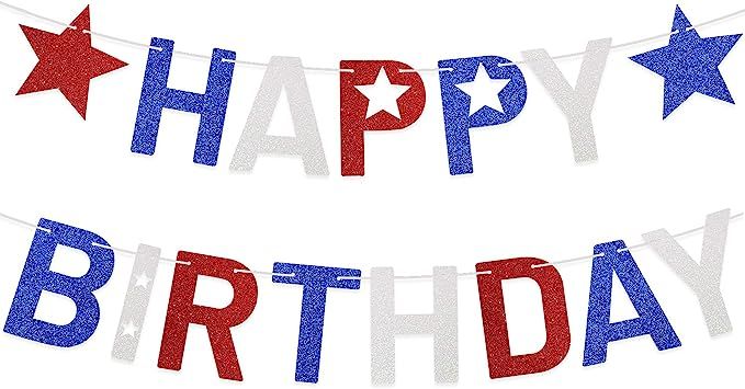 4th of July Happy Birthday Banner Glitter Red White and Blue Star Garland Party Decoration Memori... | Amazon (US)
