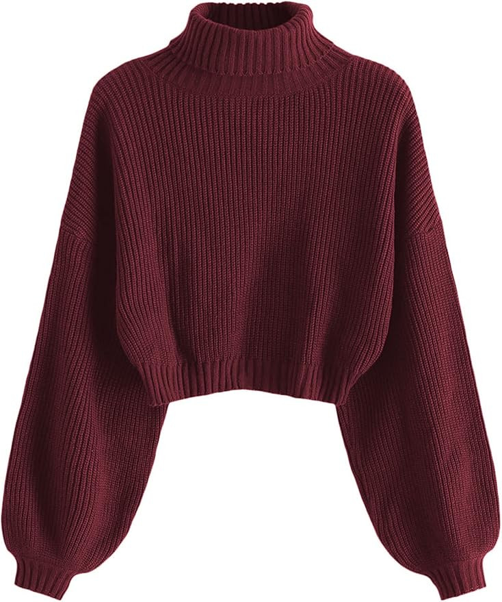 ZAFUL Women's Cropped Turtleneck Sweater Lantern Sleeve Ribbed Knit Pullover Sweater Jumper | Amazon (US)