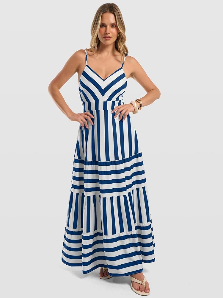 Caracilia Summer Maxi Dresses for Women Spaghetti Strap Back Smocked A Line V Neck Casual Long Dr... | Amazon (US)