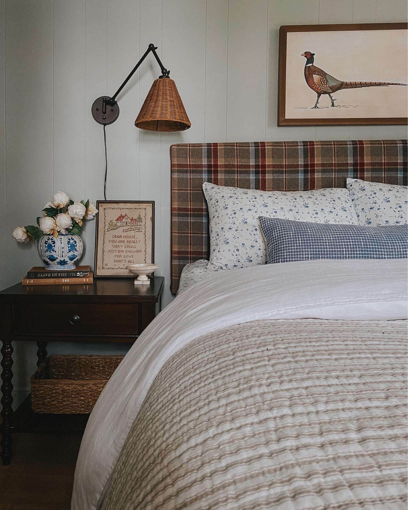 Cabin bedroom is DONE! The calming blue wall color and the neutral bedding just goes so well together. This plug in sconce is so beautiful and amazing quality  

#LTKhome #LTKsalealert #LTKstyletip