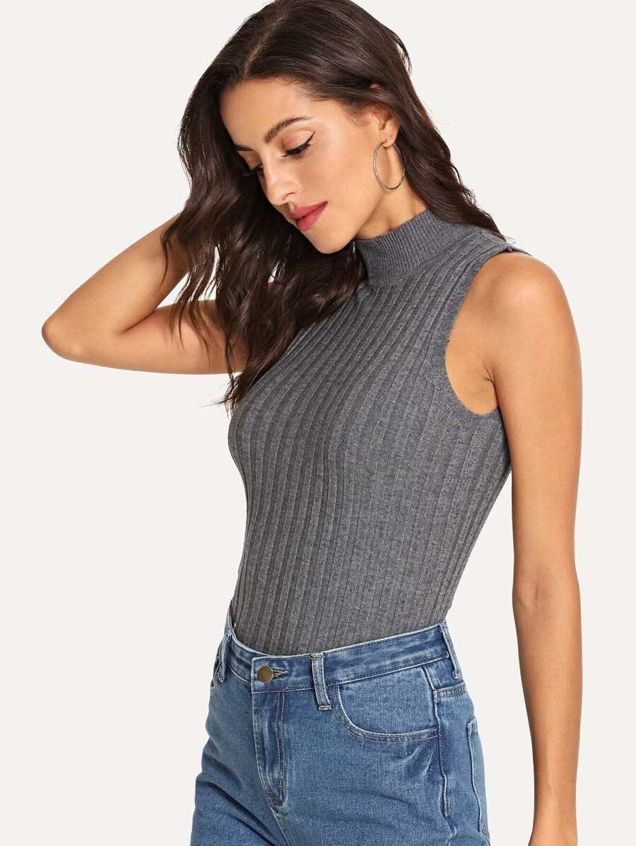 High Neck Ribbed Knit Sweater | SHEIN