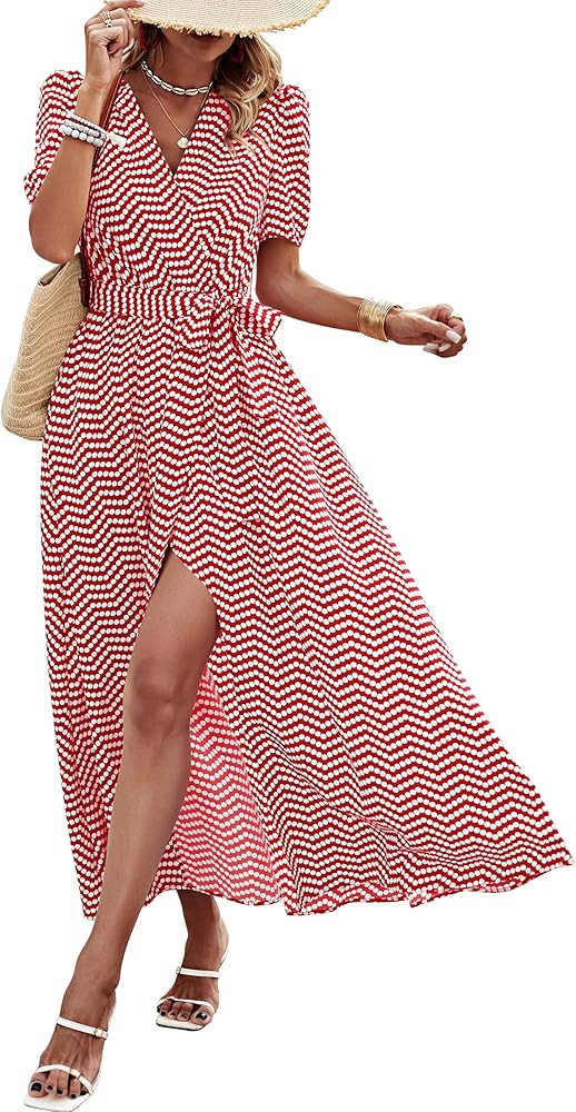 PRETTYGARDEN Womens Summer Wrap Maxi Dress Casual Boho Floral V Neck Short Sleeve Ruffle Hem Spli... | Amazon (US)