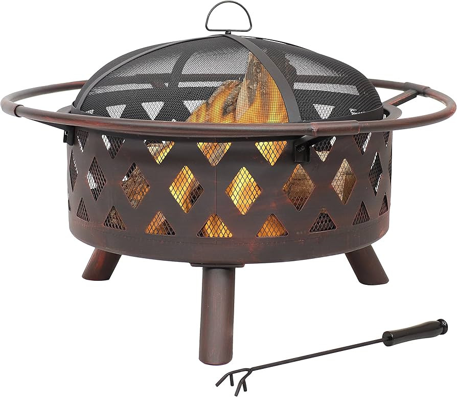 Sunnydaze Bronze Crossweave Wood-Burning Fire Pit - Includes Spark Screen, Fireplace Poker, and R... | Amazon (US)