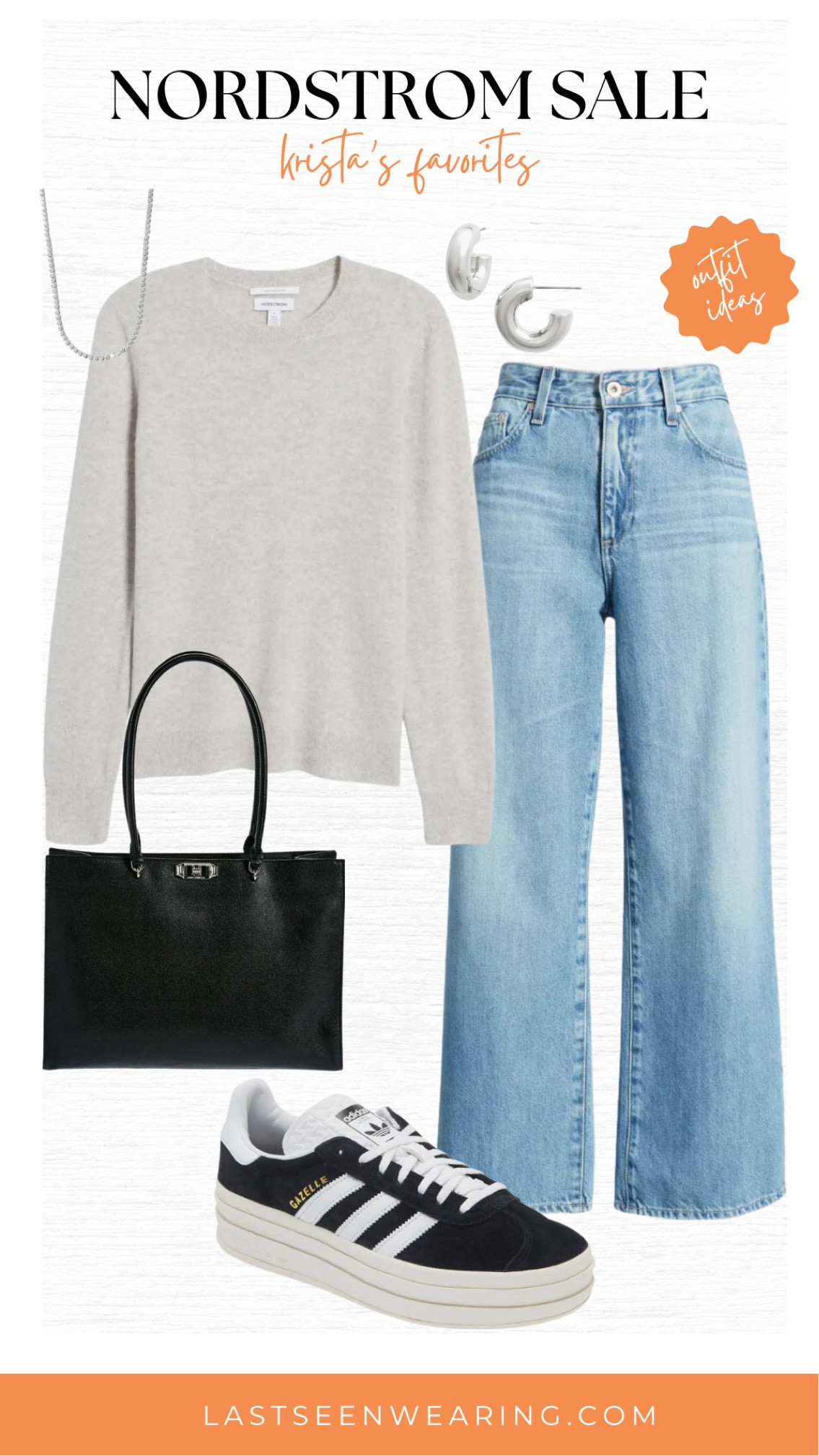 This gray cashmere sweater is another basic from the sale that I’m loving! This shade of gray goes so well with a light wash jean like these from AG. Adidas Gazelle shoes are very trendy right now and are on sale and moving quickly. If you have your eye on them now is the time to snag them for a great price! I finished this look with some silver hoops from Argento Vivo Sterling Silver and this pretty chain from a favorite of ours, Miranda Frye Jewelry! 

#LTKSummerSales #LTKxNSale #LTKStyleTip