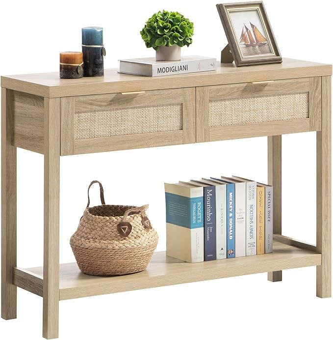 SICOTAS Rattan Console Table for Entryway - Boho Entryway Table with Storage and Drawers, Wood Sm... | Amazon (US)