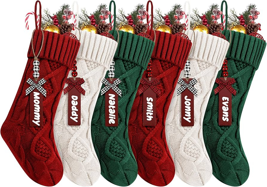 6Pack Personalized Christmas Stockings with Wooden Name Tags, 18 inches Xmas Cable Knitted Stocki... | Amazon (US)