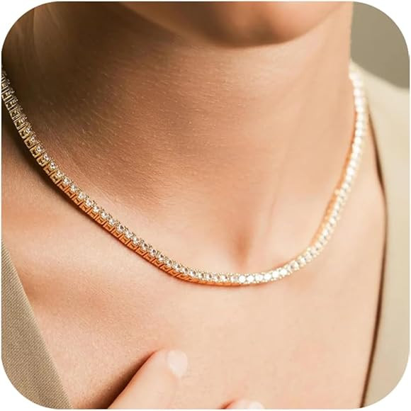 JINEAR Tennis Necklaces for Women, Faux Diamond Choker Necklace, 925 Sterling Silver and 18K Gold... | Amazon (US)