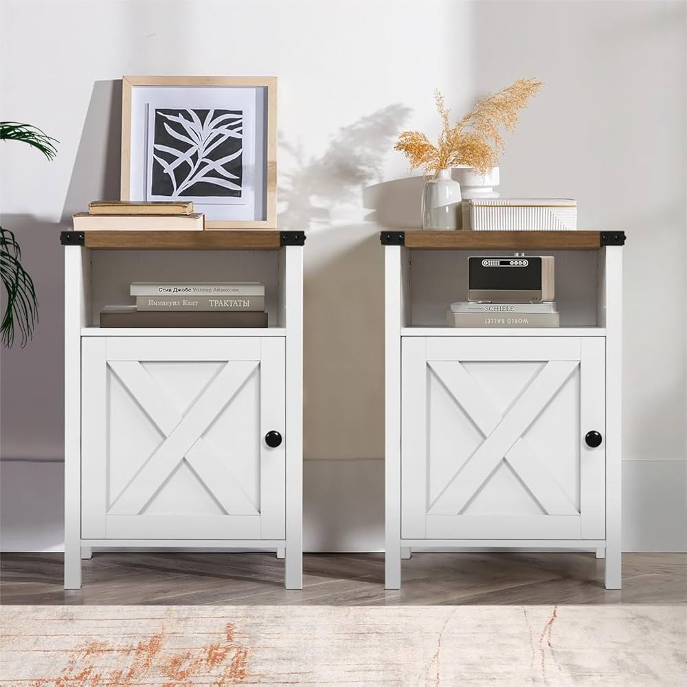 Catrimown Farmhouse End Table, Set of 2, Rustic Night Stand with Barn Door and Storage Shelf, Whi... | Amazon (US)