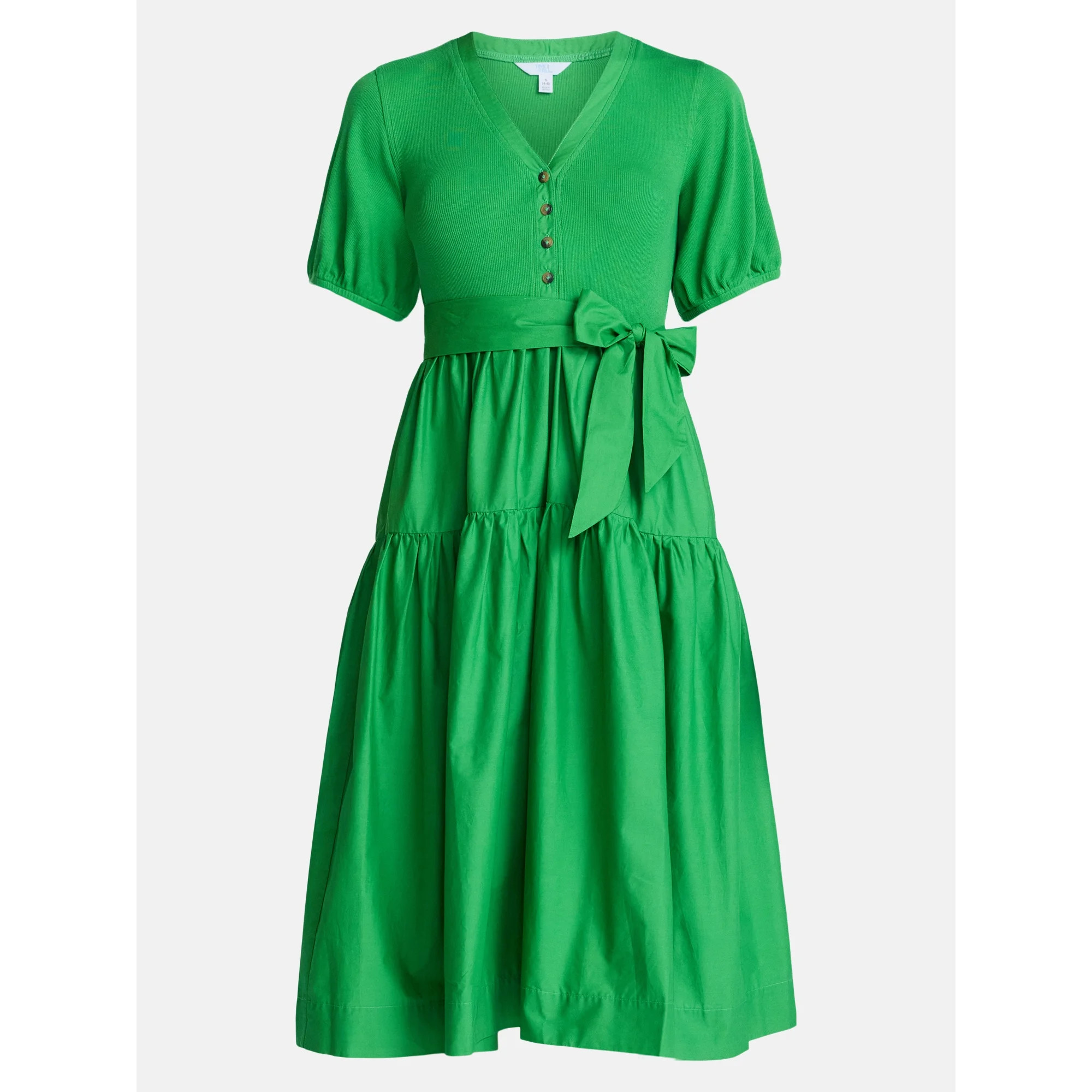 Time and Tru Women's Mixed Media Midi Dress with Puff Sleeves, Sizes XS-XXXL | Walmart (US)