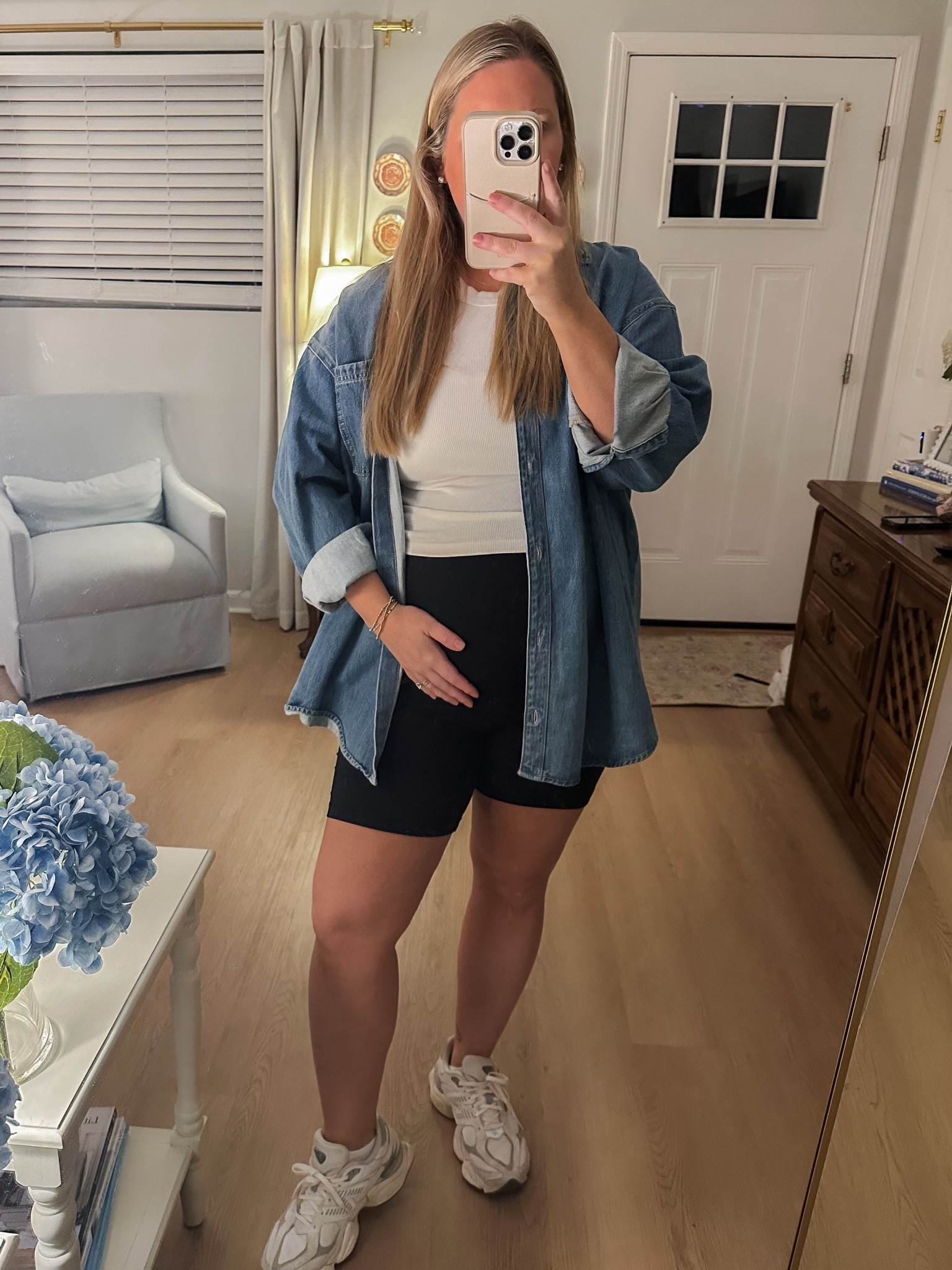 ootd 28 weeks pregnant! Wearing an XL in the biker shorts & denim shirt! 

#LTKBump #LTKMidsize #LTKootd