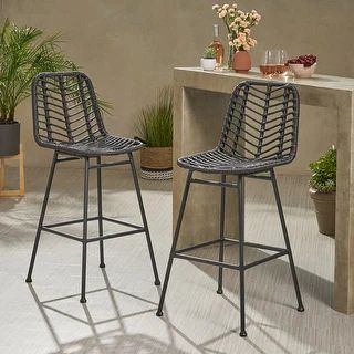 Sawtelle Outdoor Wicker Barstools (Set of 2) by Christopher Knight Home - Light Brown+Black | Bed Bath & Beyond