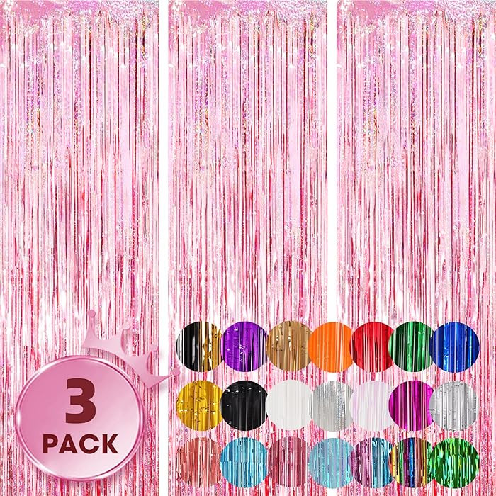 3 Pack 3.3x8.2 Feet Laser Pink Foil Fringe Backdrop Curtains, Tinsel Streamers Birthday Party Dec... | Amazon (US)