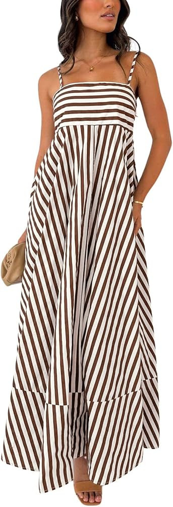 chouyatou Women's Striped Back Smocked Maxi Dress Sexy Spaghetti Strap Ruffle Hem Bohemian Flowy ... | Amazon (US)