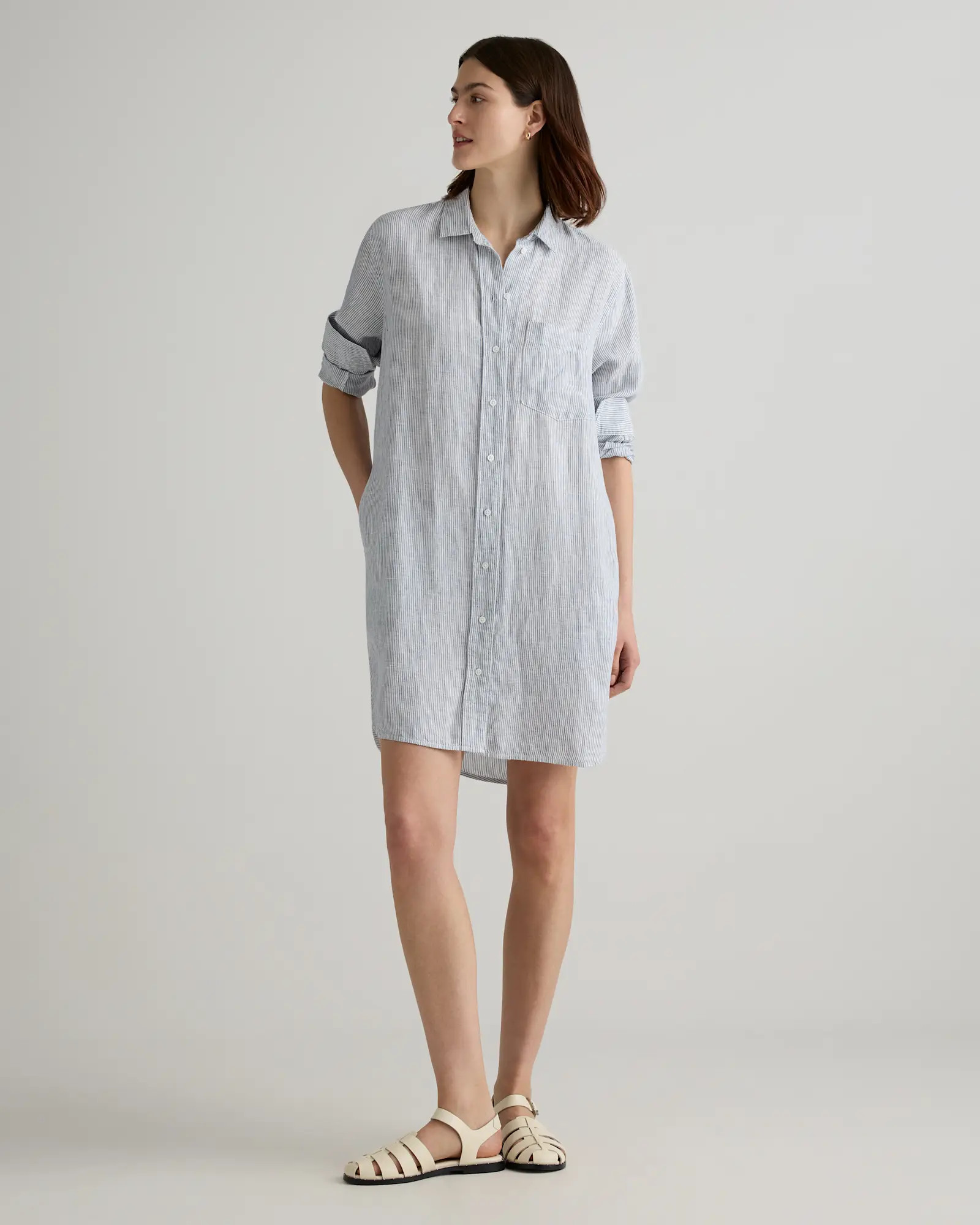 100% European Linen Shirt Dress in Blue Pinstripe | Quince