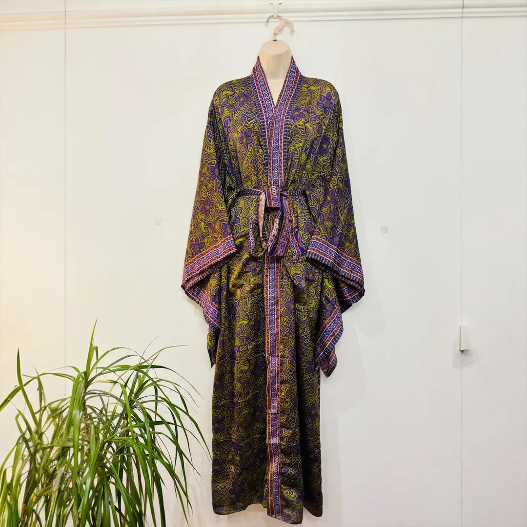 Floral Recycled Silk Kimono Robe, Boho Beach Cover-up, Bell Sleeve UK 8-22 - Etsy | Etsy (US)