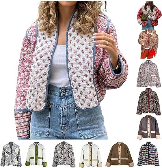 QSXLTS Womens Vintage Jacket Cropped Floral Print Puffer Jacket Quilted Lightweight Open Front Ja... | Amazon (US)