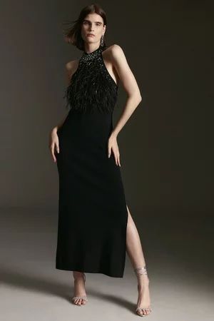 Feather Embellished Knit Maxi Dress | Karen Millen UK + IE + DE + NL