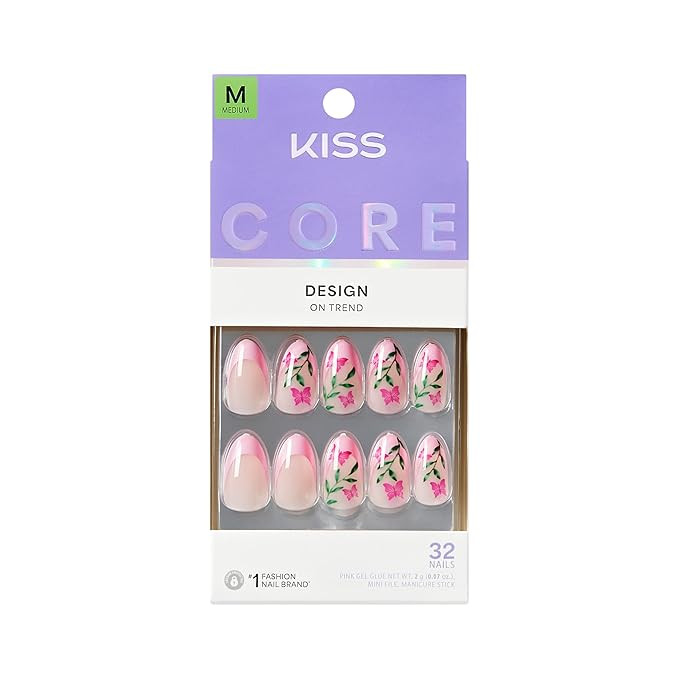KISS CORE, Press On Nails, Nail glue included, 'Springtime Splendor', Pink, Medium Size, Almond S... | Amazon (US)