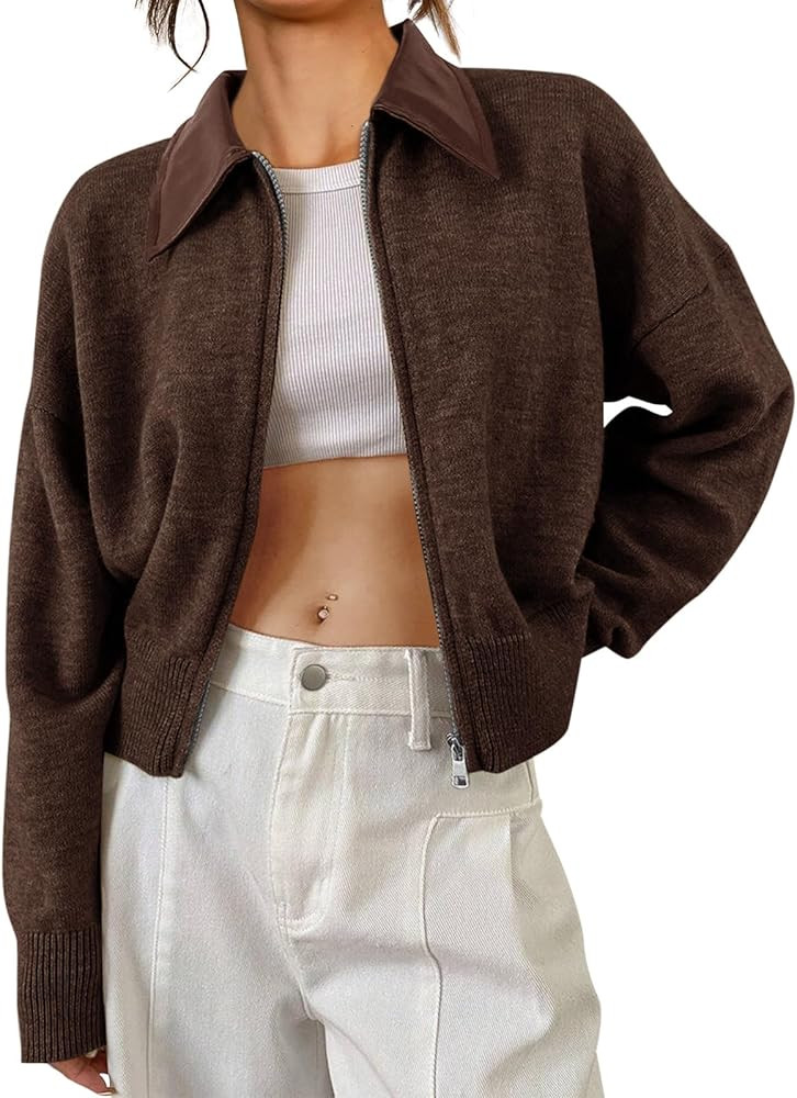 Saodimallsu Womens Zip Up Barn Jacket Cropped Faux Leather Collared Open Front Long Sleeve Fall C... | Amazon (US)