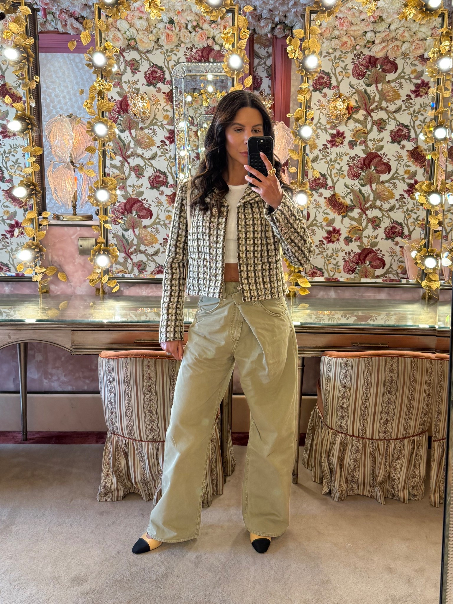 A feminine tweed blazer with a funky pair of pants to create a stylish and unexpected outfit.