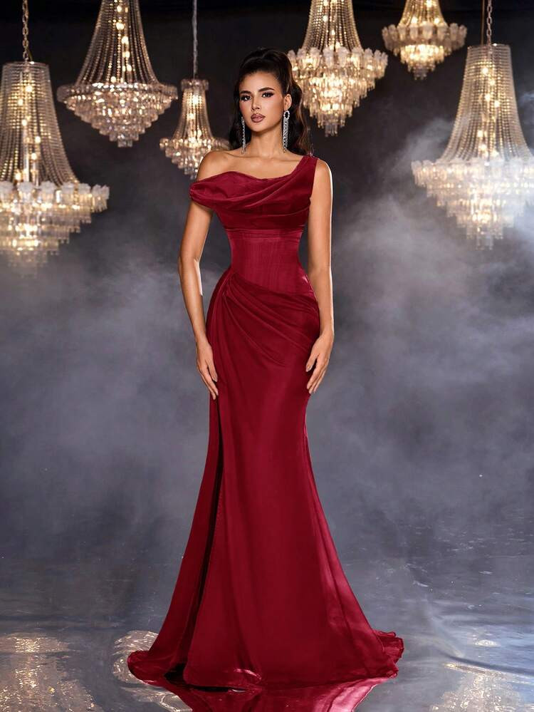 Glamrae Minimalist Red Ruched Sheer Hem Formal Evening Gown | SHEIN