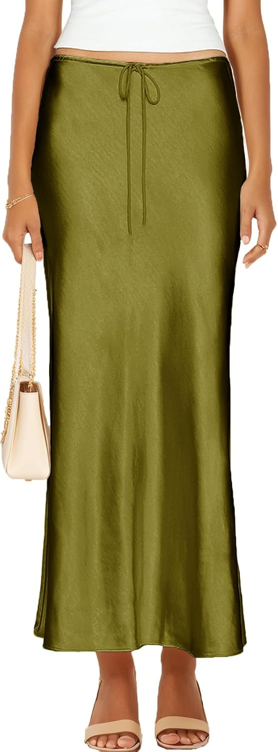 Womens Satin Silk Maxi Skirts Drawstring Casual A-Line Long Skirt | Amazon (US)